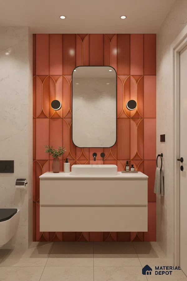 Modern bathroom with terracotta geometric highlighter wall tiles and white floating vanity | Material Depot