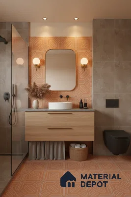 Modern bathroom with terracotta geometric patterned tiles and light oak vanity in Bengaluru | Material Depot