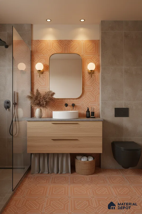 Modern bathroom with terracotta geometric patterned tiles and light oak vanity in Bengaluru | Material Depot