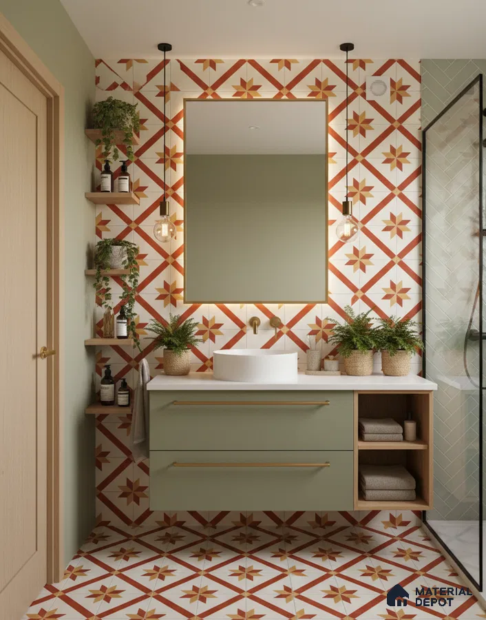 Modern bathroom with terracotta geometric patterned tiles and sage green floating vanity in Bengaluru | Material Depot