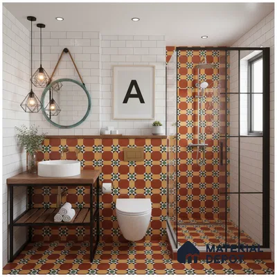 Modern bathroom with terracotta geometric patterned tiles and white subway wall tiles in Bengaluru | Material Depot