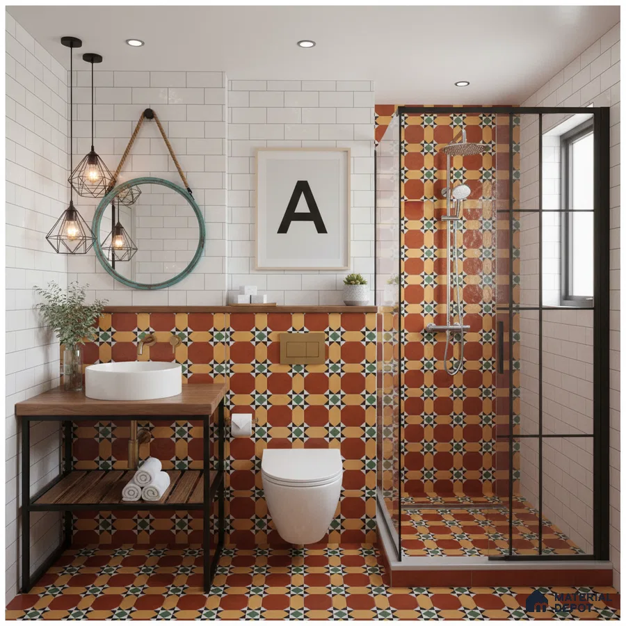 Modern bathroom with terracotta geometric patterned tiles and white subway wall tiles in Bengaluru | Material Depot