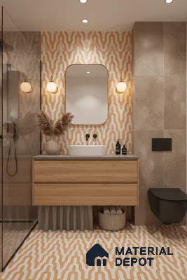Modern bathroom with terracotta geometric patterned tiles, beige stone wall tiles, and oak wood vanity in Bengaluru | Material Depot