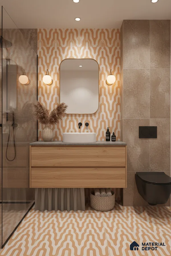 Modern bathroom with terracotta geometric patterned tiles, beige stone wall tiles, and oak wood vanity in Bengaluru | Material Depot