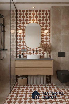 Modern bathroom with terracotta geometric wall and floor tiles and light oak vanity in Bengaluru | Material Depot