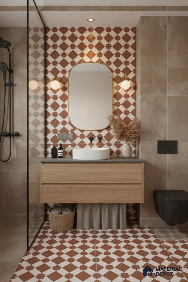 Modern bathroom with terracotta geometric wall and floor tiles and light oak vanity in Bengaluru | Material Depot