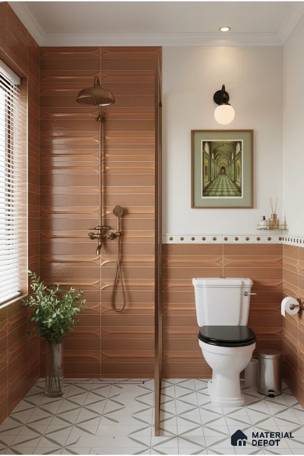 Modern bathroom with terracotta geometric wall tiles and green geometric patterned floor tiles | Material Depot