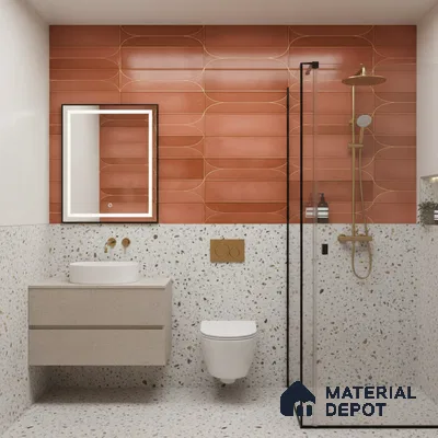 Modern bathroom with terracotta geometric wall tiles and terrazzo wall and floor tiles | Material Depot