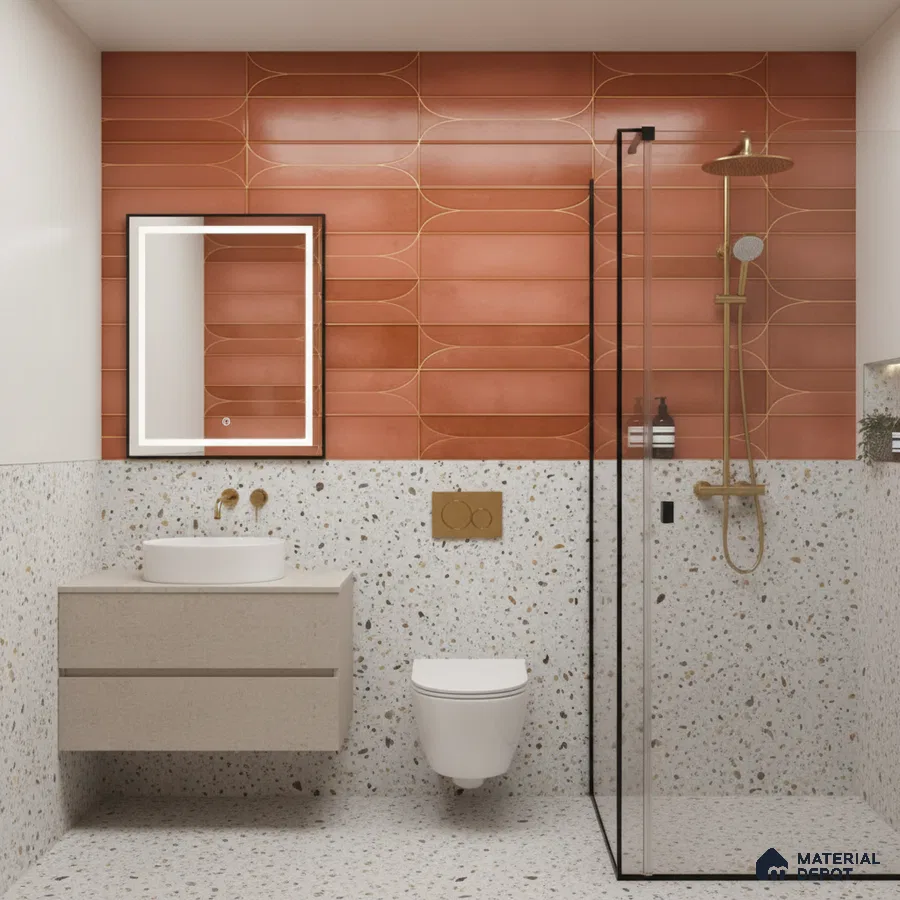 Modern bathroom with terracotta geometric wall tiles and terrazzo wall and floor tiles | Material Depot