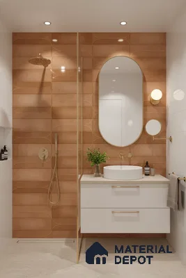 Modern bathroom with terracotta geometric wall tiles and white floating vanity | Material Depot