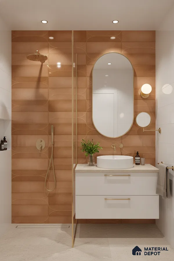 Modern bathroom with terracotta geometric wall tiles and white floating vanity | Material Depot