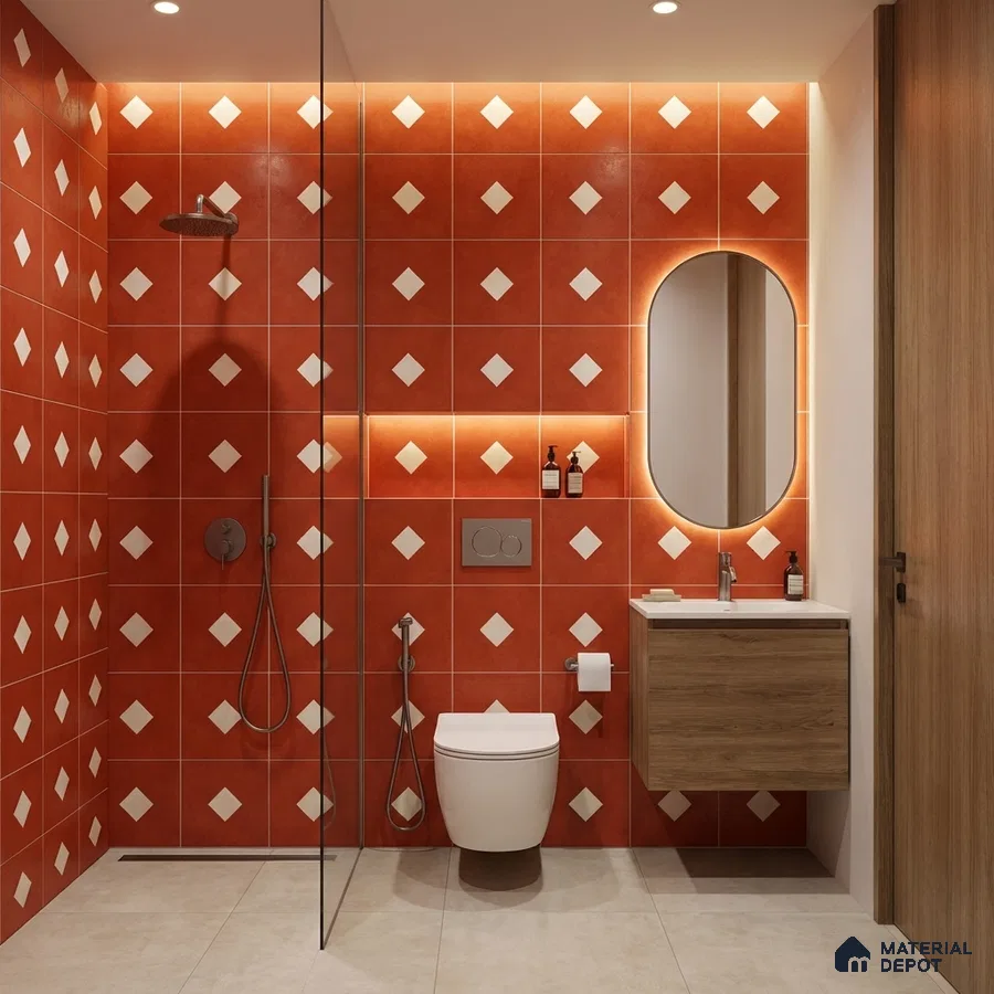 Modern bathroom with terracotta geometric wall tiles and wood laminate vanity