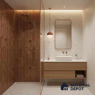 Modern bathroom with terracotta geometric wall tiles, terrazzo floor and wall tiles, and light wood floating vanity | Material Depot