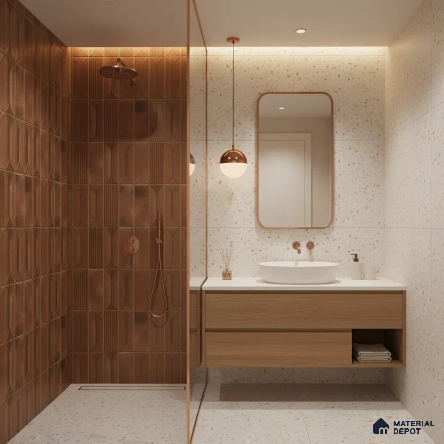 Modern bathroom with terracotta geometric wall tiles, terrazzo floor and wall tiles, and light wood floating vanity | Material Depot