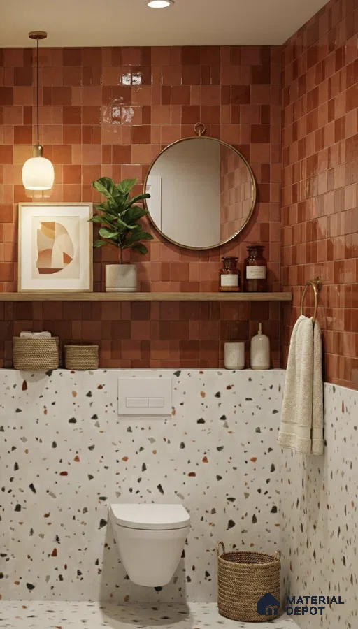 Modern bathroom with terracotta glazed wall tiles and terrazzo wall and floor tiles