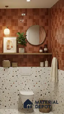 Modern bathroom with terracotta glazed wall tiles and terrazzo wall and floor tiles