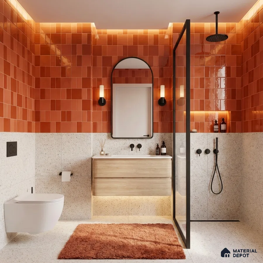 Modern bathroom with terracotta glossy subway wall tiles and terrazzo floor and wall tiles