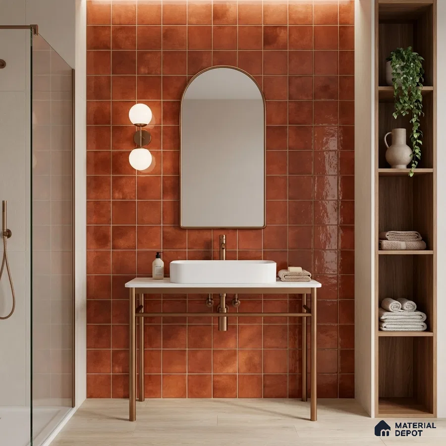 Modern bathroom with terracotta glossy wall tiles and light wood floor tiles