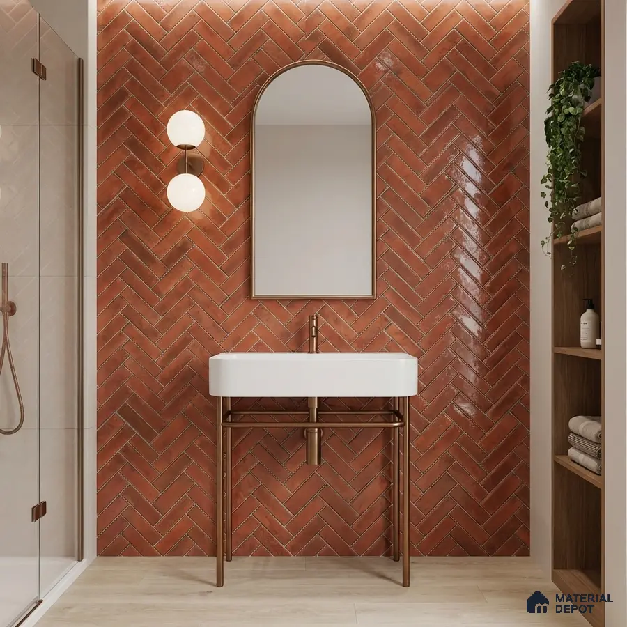 Modern bathroom with terracotta herringbone wall tiles and light wood floor tiles