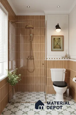 Modern bathroom with terracotta kitkat wall tiles and green geometric patterned floor tiles | Material Depot