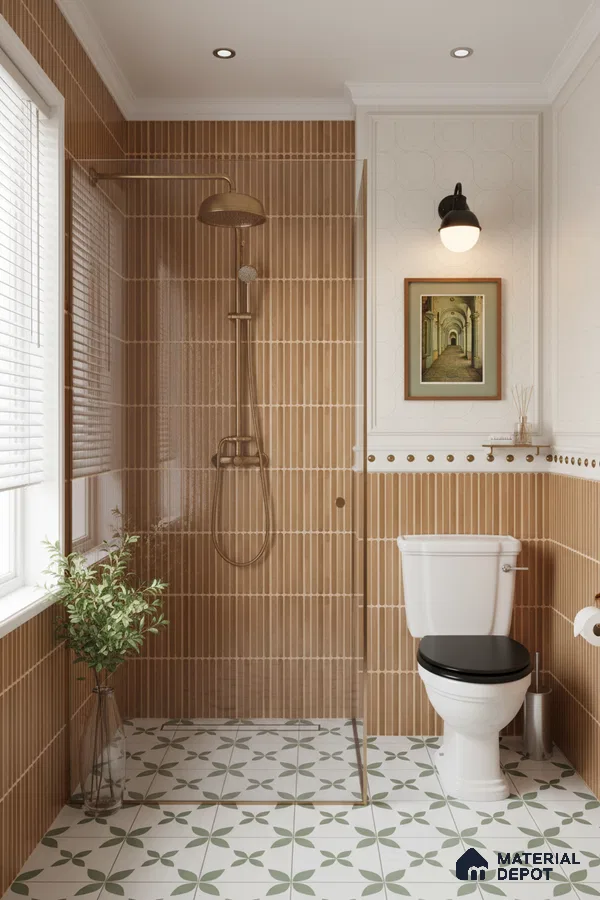 Modern bathroom with terracotta kitkat wall tiles and green geometric patterned floor tiles | Material Depot