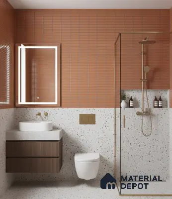 Modern bathroom with terracotta kitkat wall tiles and terrazzo floor and wall tiles | Material Depot