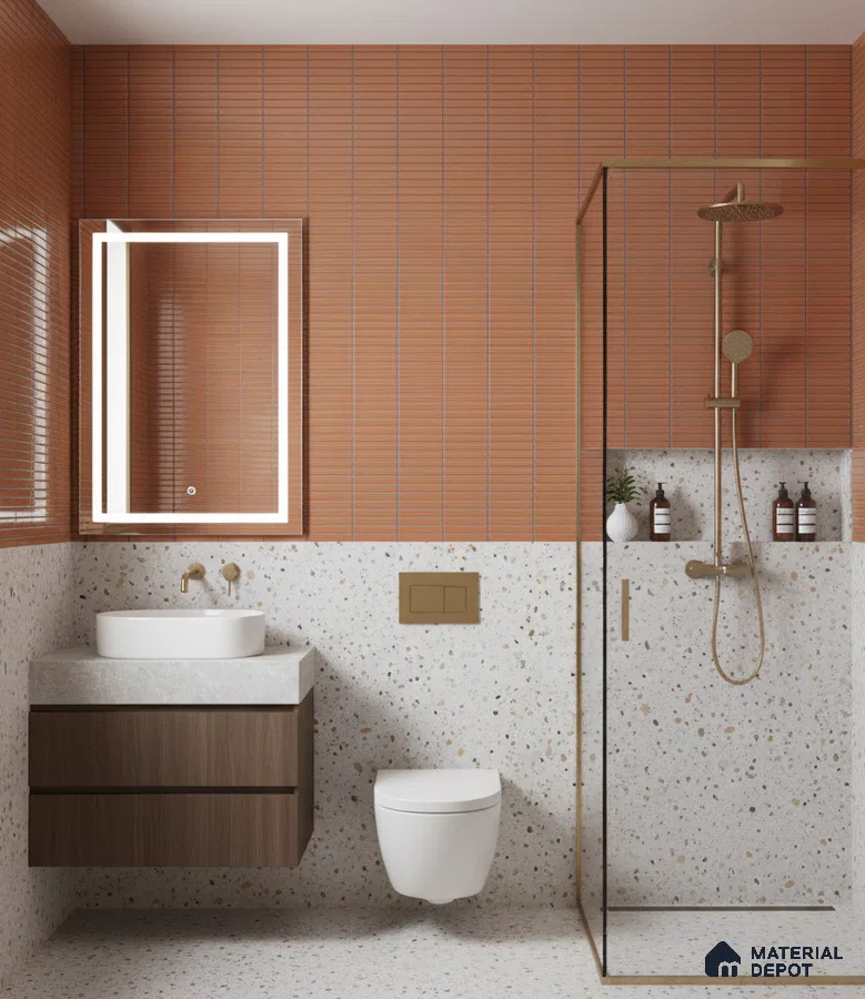 Modern bathroom with terracotta kitkat wall tiles and terrazzo floor and wall tiles | Material Depot