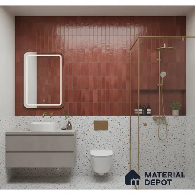 Modern bathroom with terracotta kitkat wall tiles and terrazzo floor and wall tiles | Material Depot