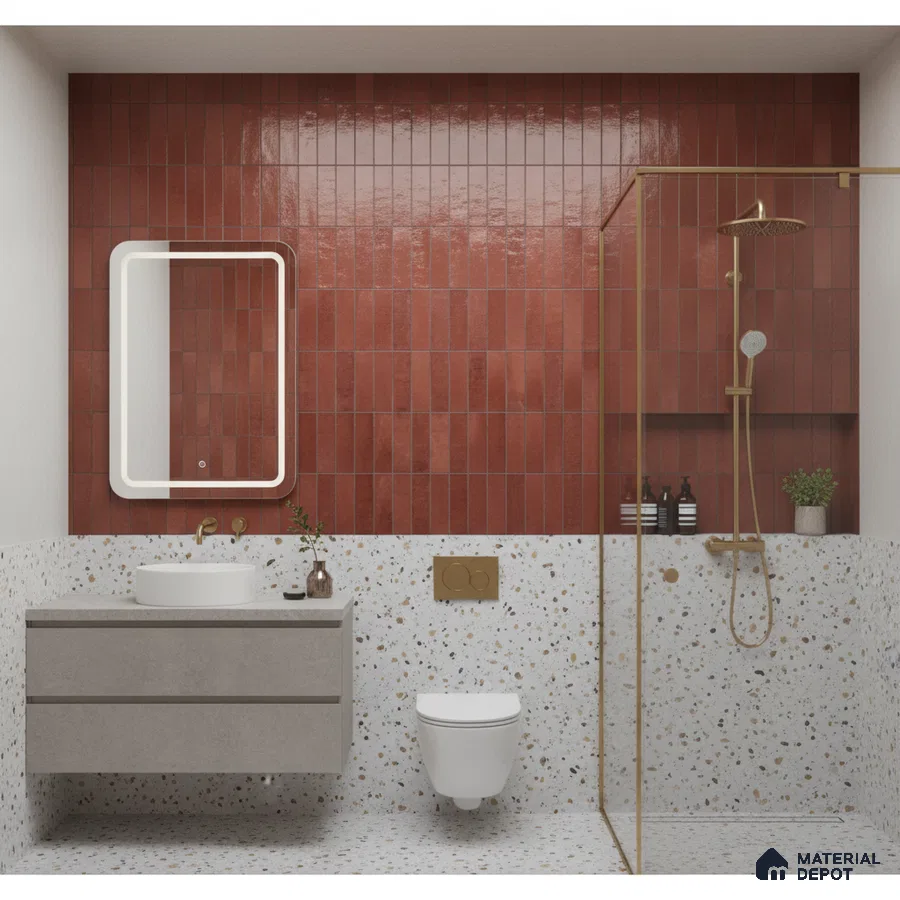 Modern bathroom with terracotta kitkat wall tiles and terrazzo floor and wall tiles | Material Depot