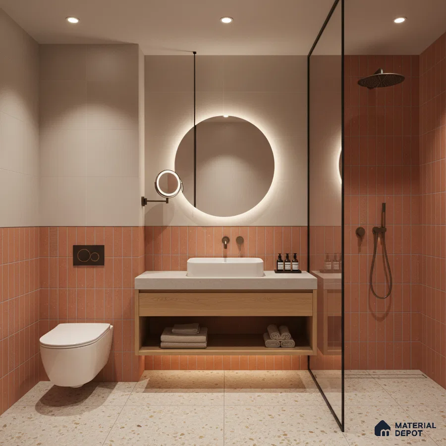 Modern bathroom with terracotta kitkat wall tiles and terrazzo floor tiles | Material Depot