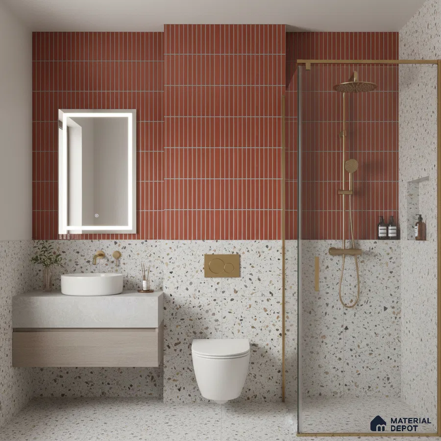 Modern bathroom with terracotta kitkat wall tiles and terrazzo wall and floor tiles | Material Depot