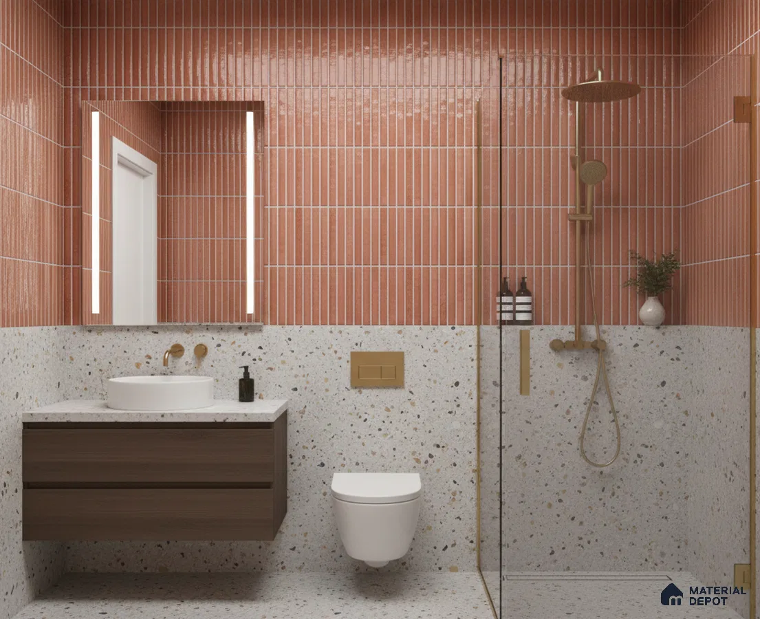 Modern bathroom with terracotta kitkat wall tiles and terrazzo wall and floor tiles | Material Depot