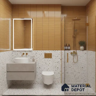 Modern bathroom with terracotta kitkat wall tiles and terrazzo wall and floor tiles | Material Depot