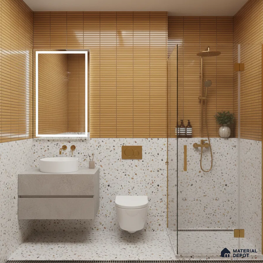 Modern bathroom with terracotta kitkat wall tiles and terrazzo wall and floor tiles | Material Depot