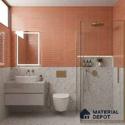 Modern bathroom with terracotta kitkat wall tiles and terrazzo wall and floor tiles | Material Depot