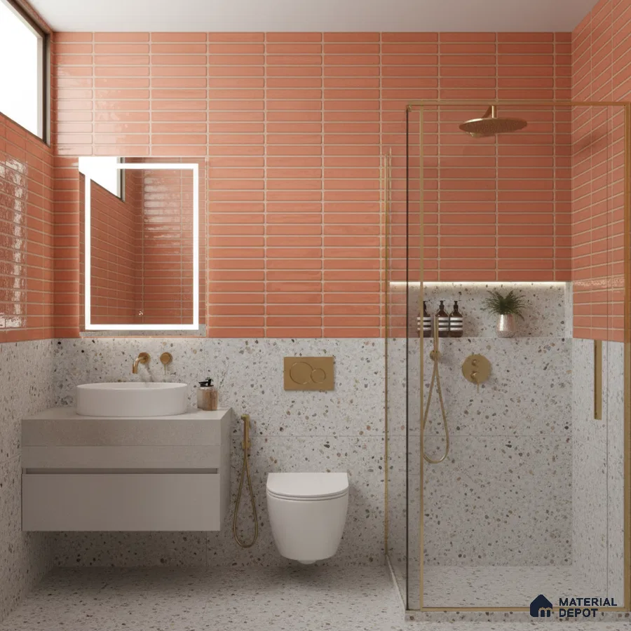 Modern bathroom with terracotta kitkat wall tiles and terrazzo wall and floor tiles | Material Depot