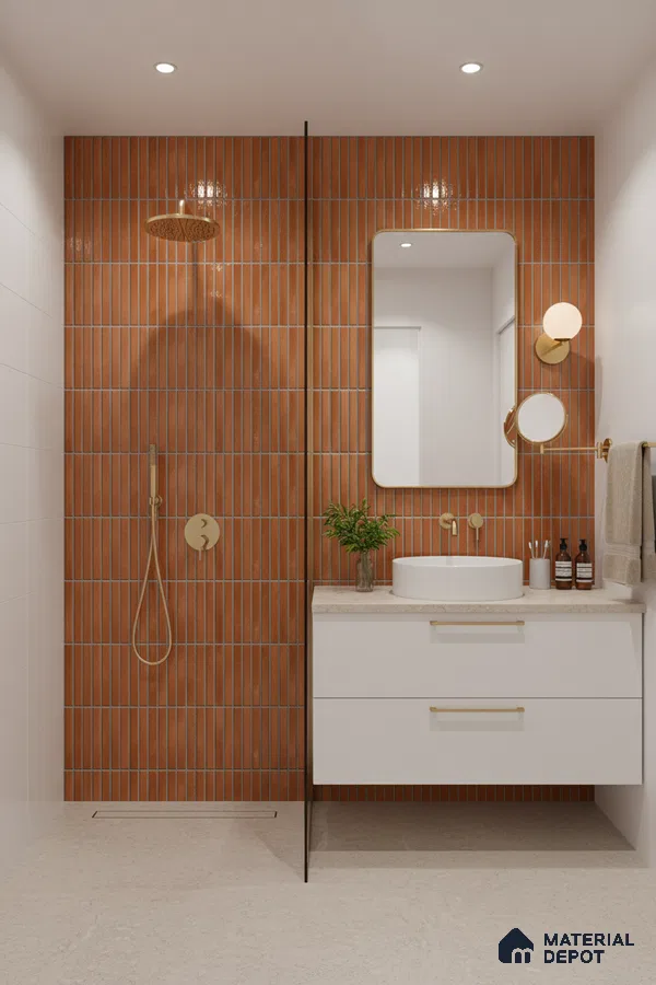 Modern bathroom with terracotta kitkat wall tiles and white floating vanity | Material Depot