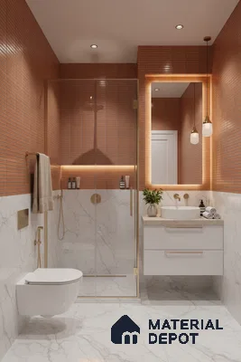 Modern bathroom with terracotta kitkat wall tiles and white marble-look floor and wall tiles | Material Depot
