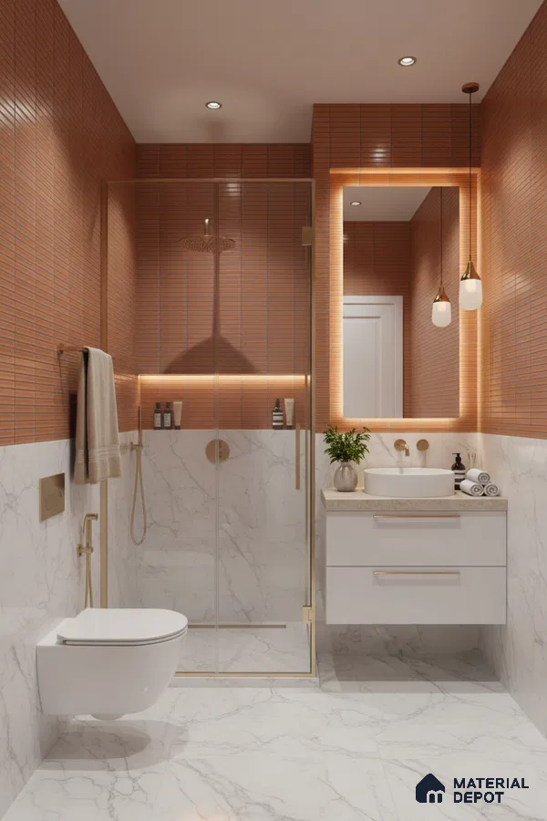 Modern bathroom with terracotta kitkat wall tiles and white marble-look floor and wall tiles | Material Depot