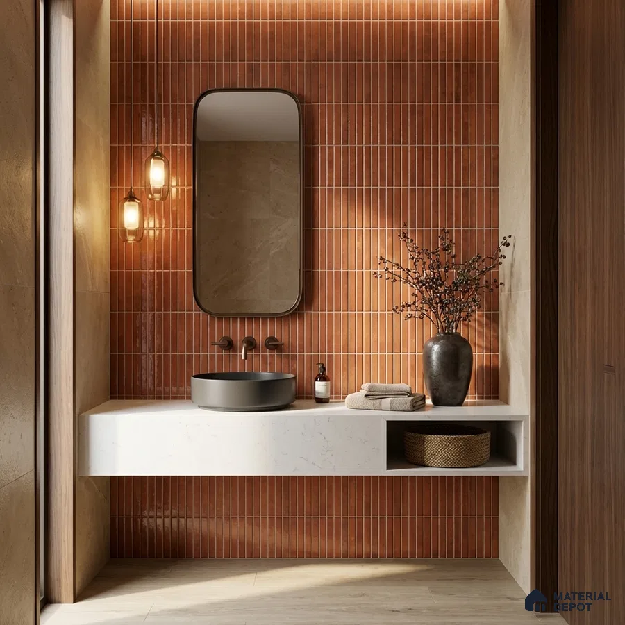 Modern bathroom with terracotta kitkat wall tiles and white quartz floating vanity