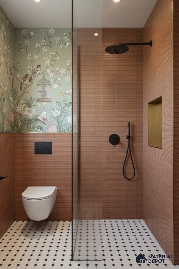 Modern bathroom with terracotta kitkat wall tiles, chinoiserie floral wallpaper, and black-and-white geometric floor tiles | Material Depot