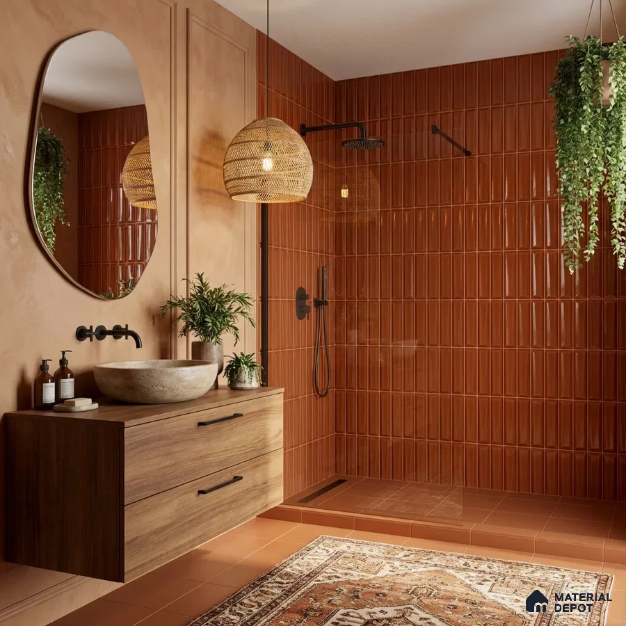 Modern bathroom with terracotta kitkat wall tiles, matte terracotta floor tiles, and walnut wood floating vanity