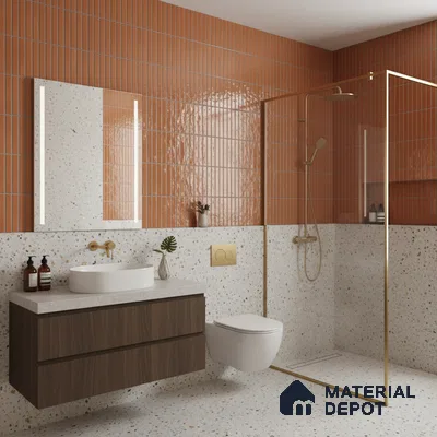 Modern bathroom with terracotta kitkat wall tiles, terrazzo wall and floor tiles, and walnut wood vanity | Material Depot