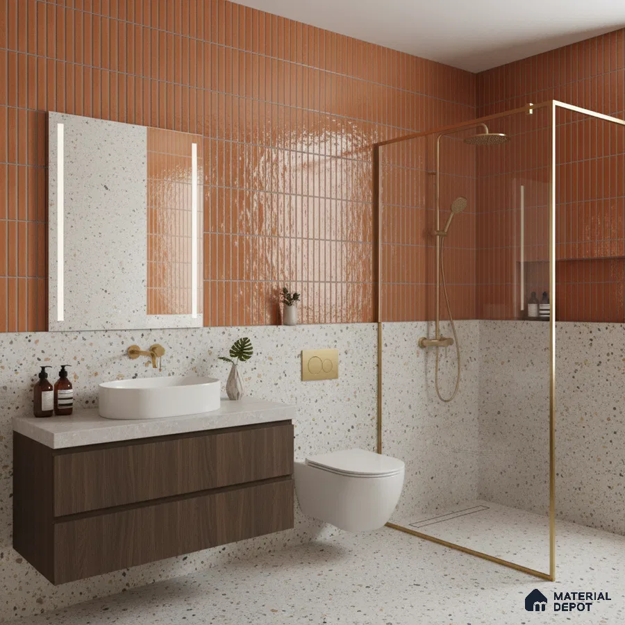 Modern bathroom with terracotta kitkat wall tiles, terrazzo wall and floor tiles, and walnut wood vanity | Material Depot