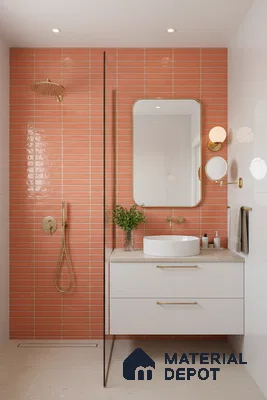 Modern bathroom with terracotta kitkat wall tiles, white floating vanity, and beige stone floor tiles | Material Depot