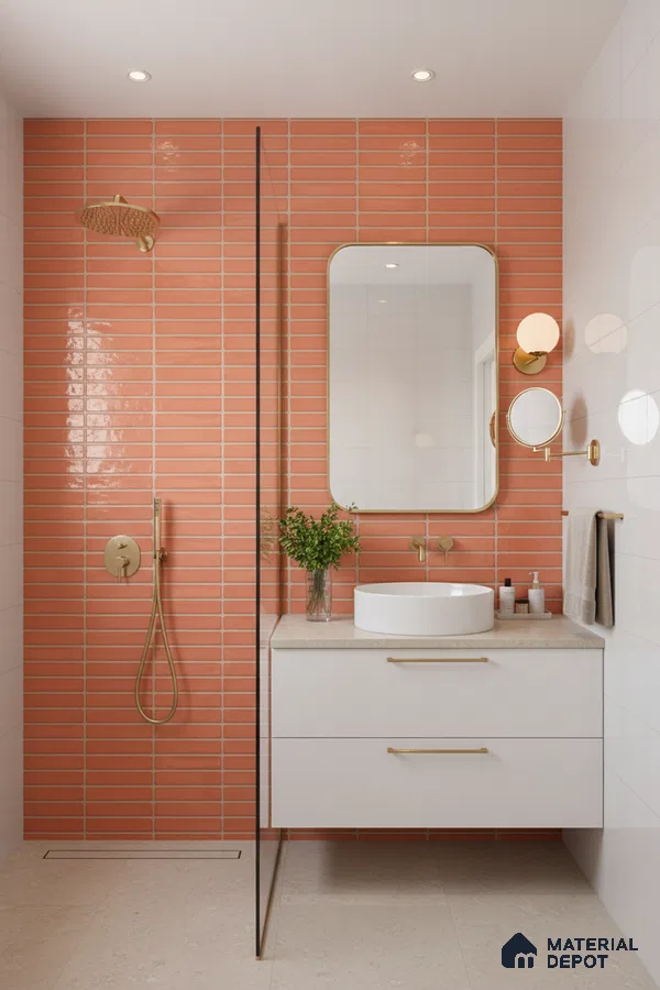 Modern bathroom with terracotta kitkat wall tiles, white floating vanity, and beige stone floor tiles | Material Depot
