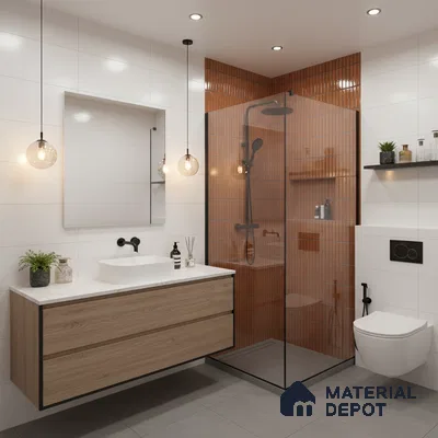 Modern bathroom with terracotta kitkat wall tiles, white wall tiles, and wood laminate floating vanity | Material Depot
