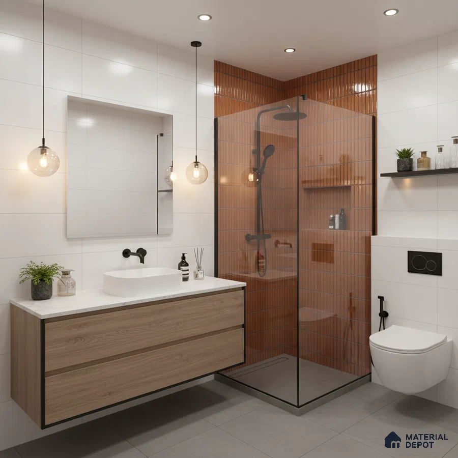 Modern bathroom with terracotta kitkat wall tiles, white wall tiles, and wood laminate floating vanity | Material Depot