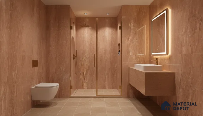 Modern bathroom with terracotta marble-look wall tiles and beige floor tiles | Material Depot