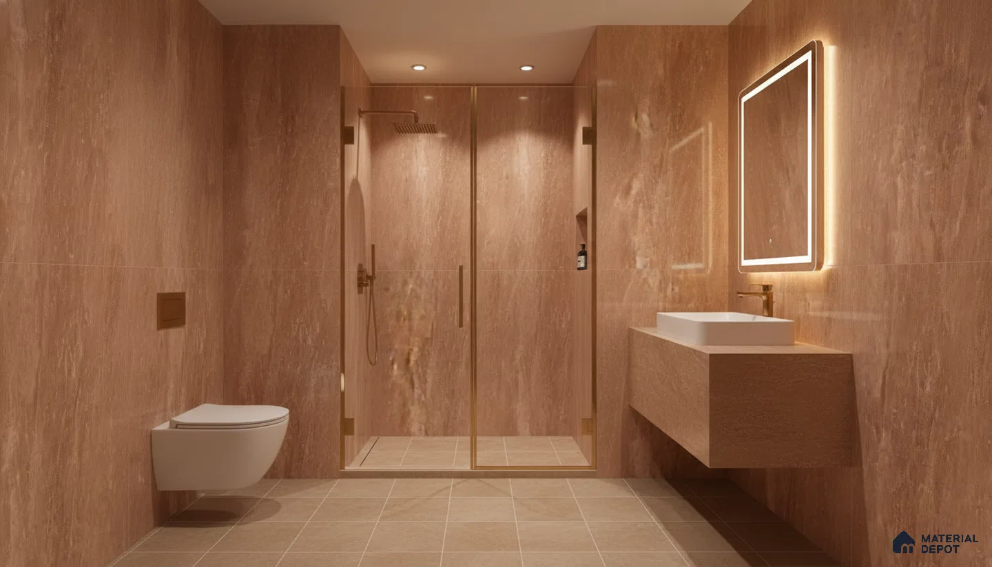 Modern bathroom with terracotta marble-look wall tiles and beige floor tiles | Material Depot
